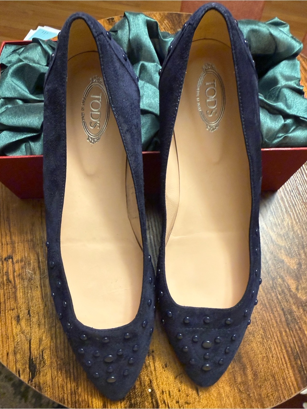 Tod's Navy Suede Studded Pointed-Toe Flats